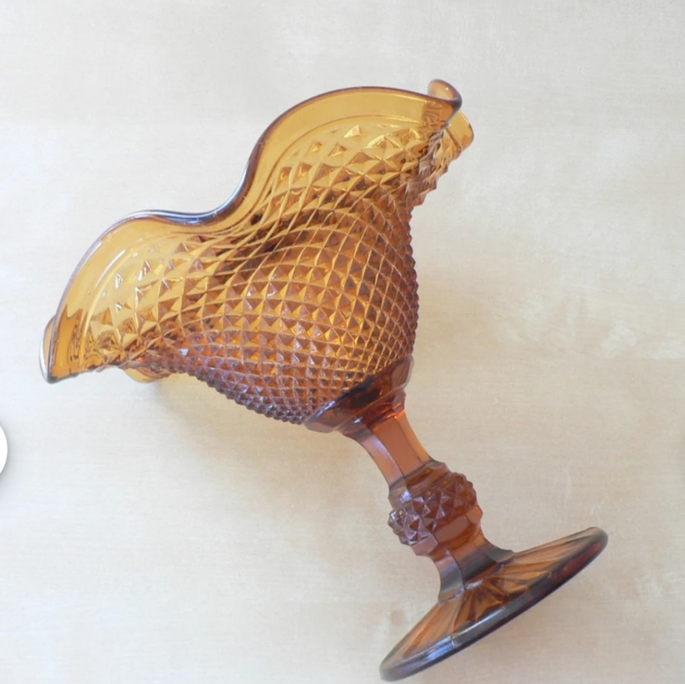 IVIMA Vintage 1960s Amber Diamond Pressed Glass Pedestal Candy Dish/ Bowl
